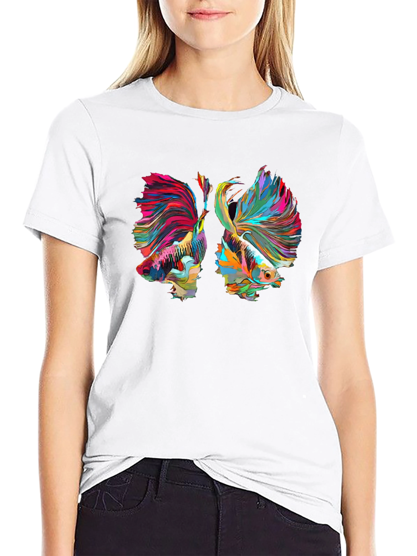 Camiseta Negra con Diseño de Peces Betta Abstractos