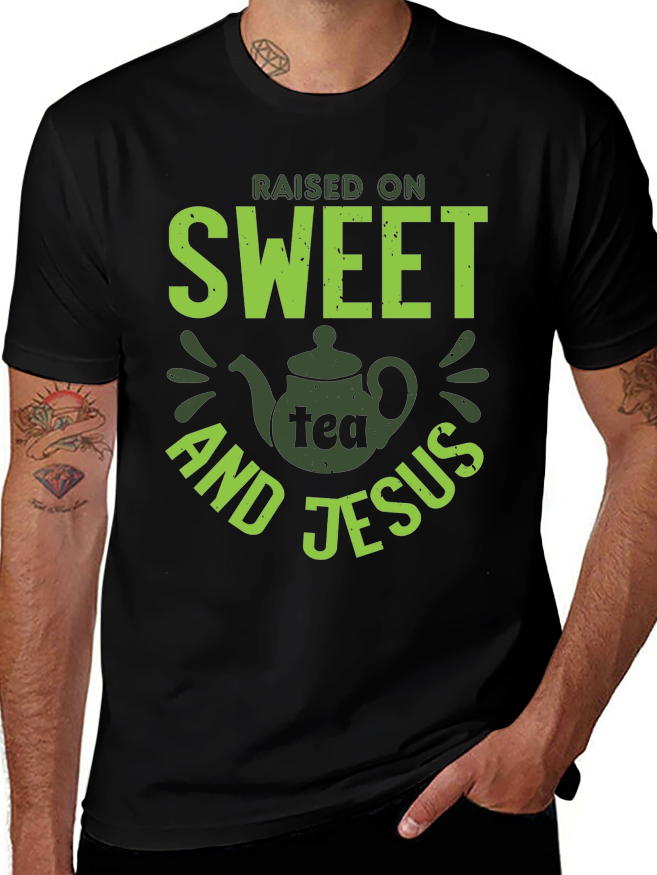 Camiseta Negra con Diseño de Té Dulce y Jesús