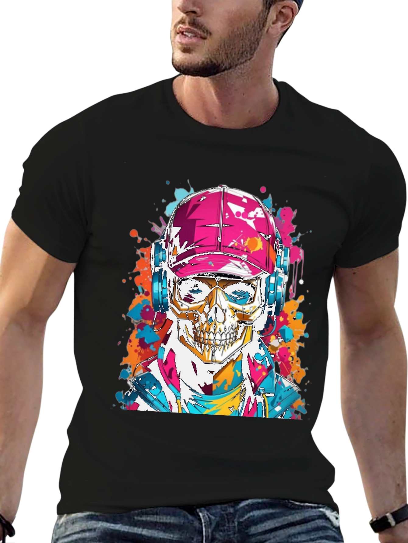 Camiseta Negra con Diseño de Calavera Urbana