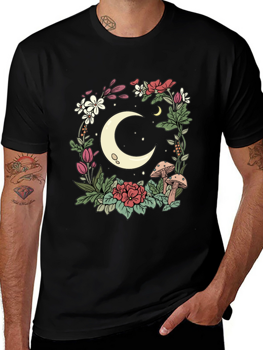 Camiseta Negra con Diseño Floral de Luna y Hongos