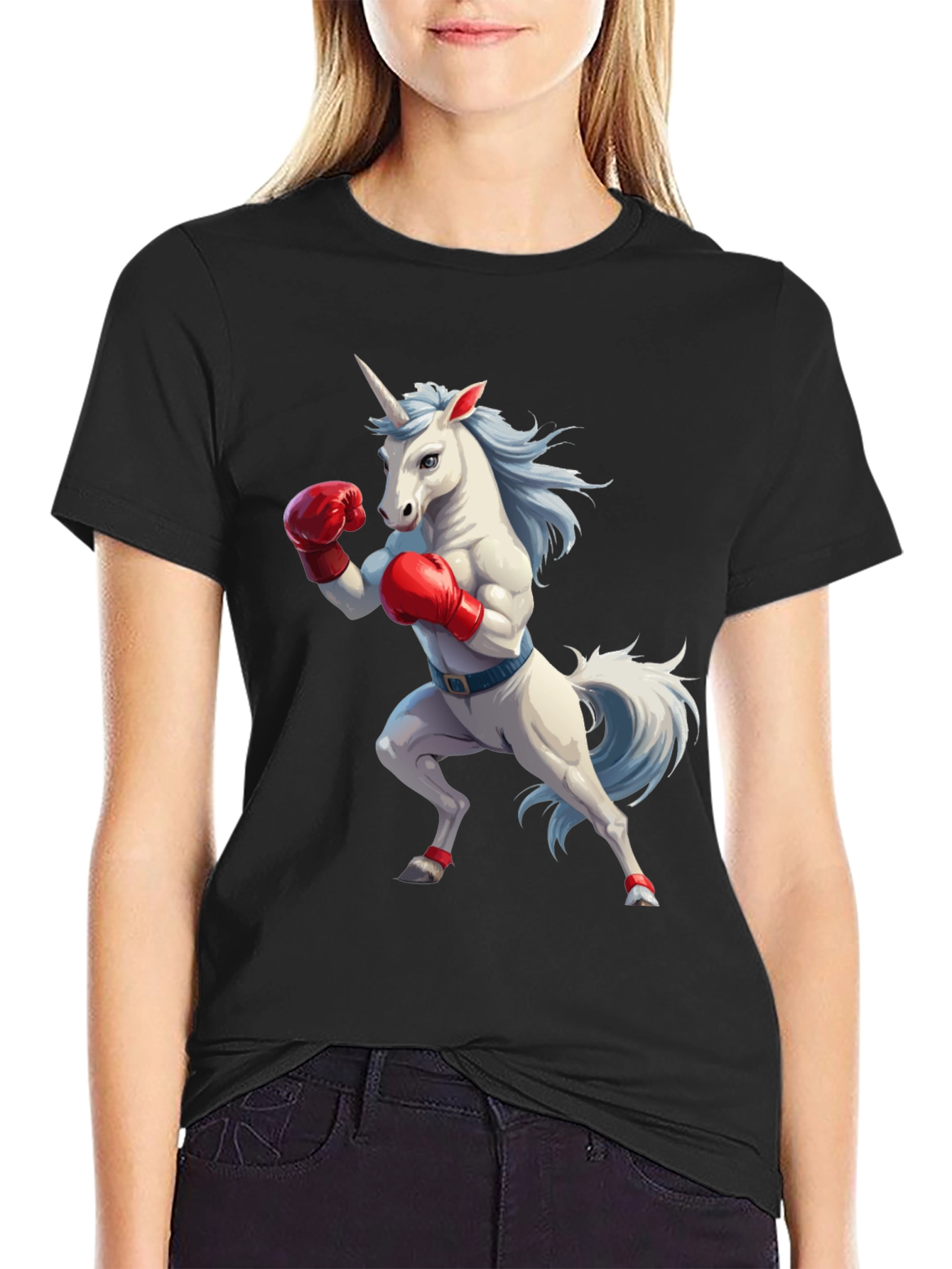 Camiseta Negra con Unicornio Boxeador