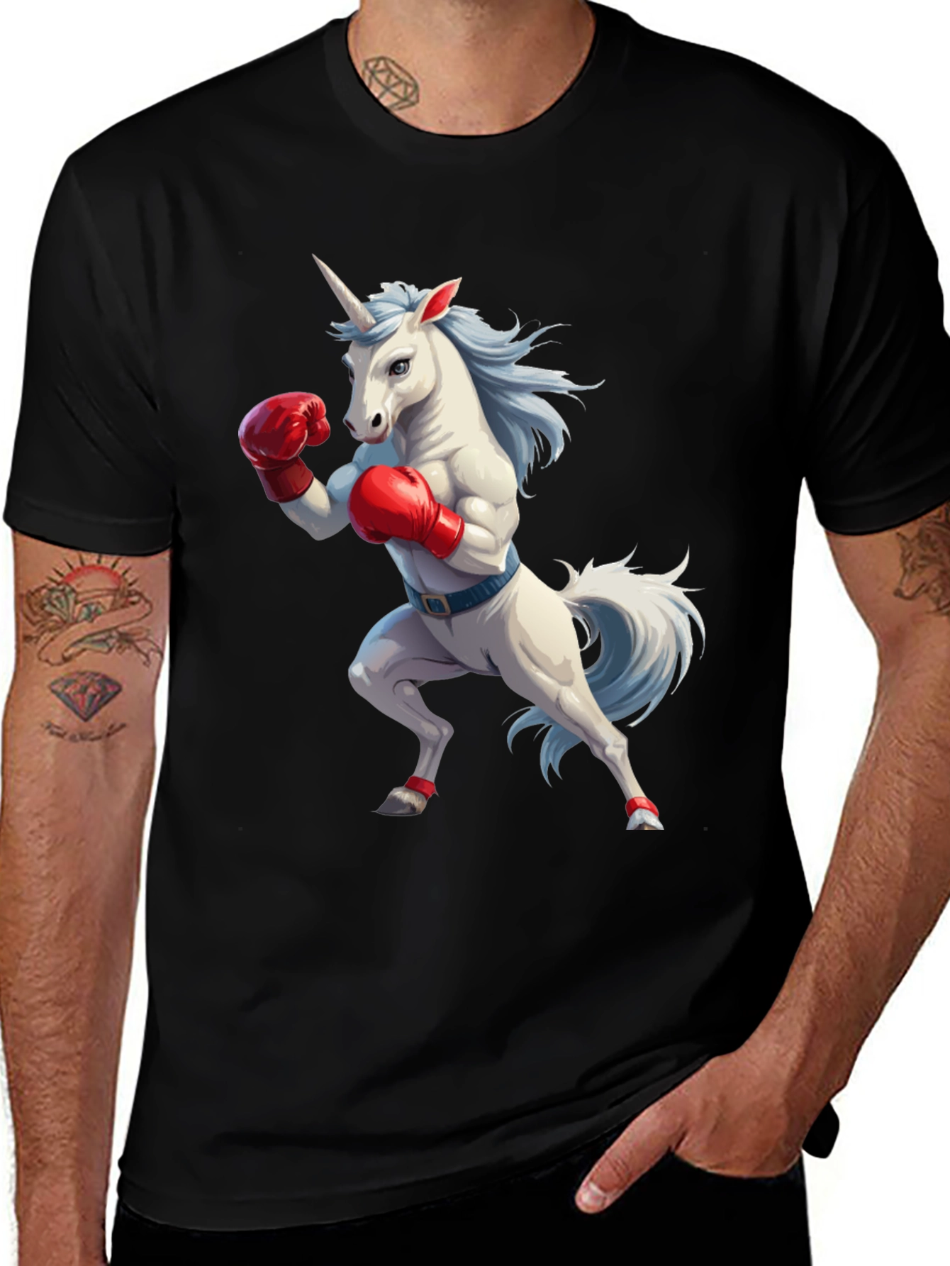 Camiseta Negra con Unicornio Boxeador
