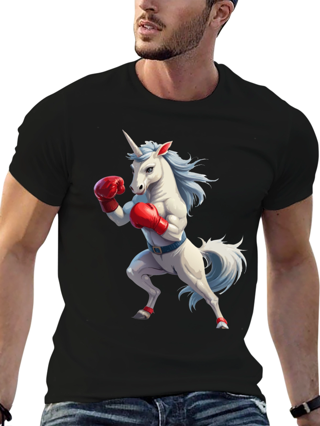 Camiseta Negra con Unicornio Boxeador
