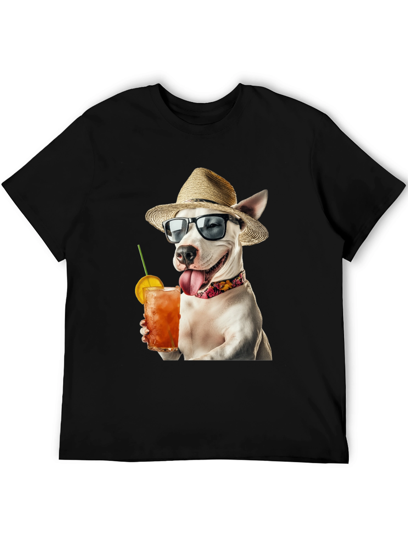 Camiseta Negra con Perro Bebiendo Cóctel