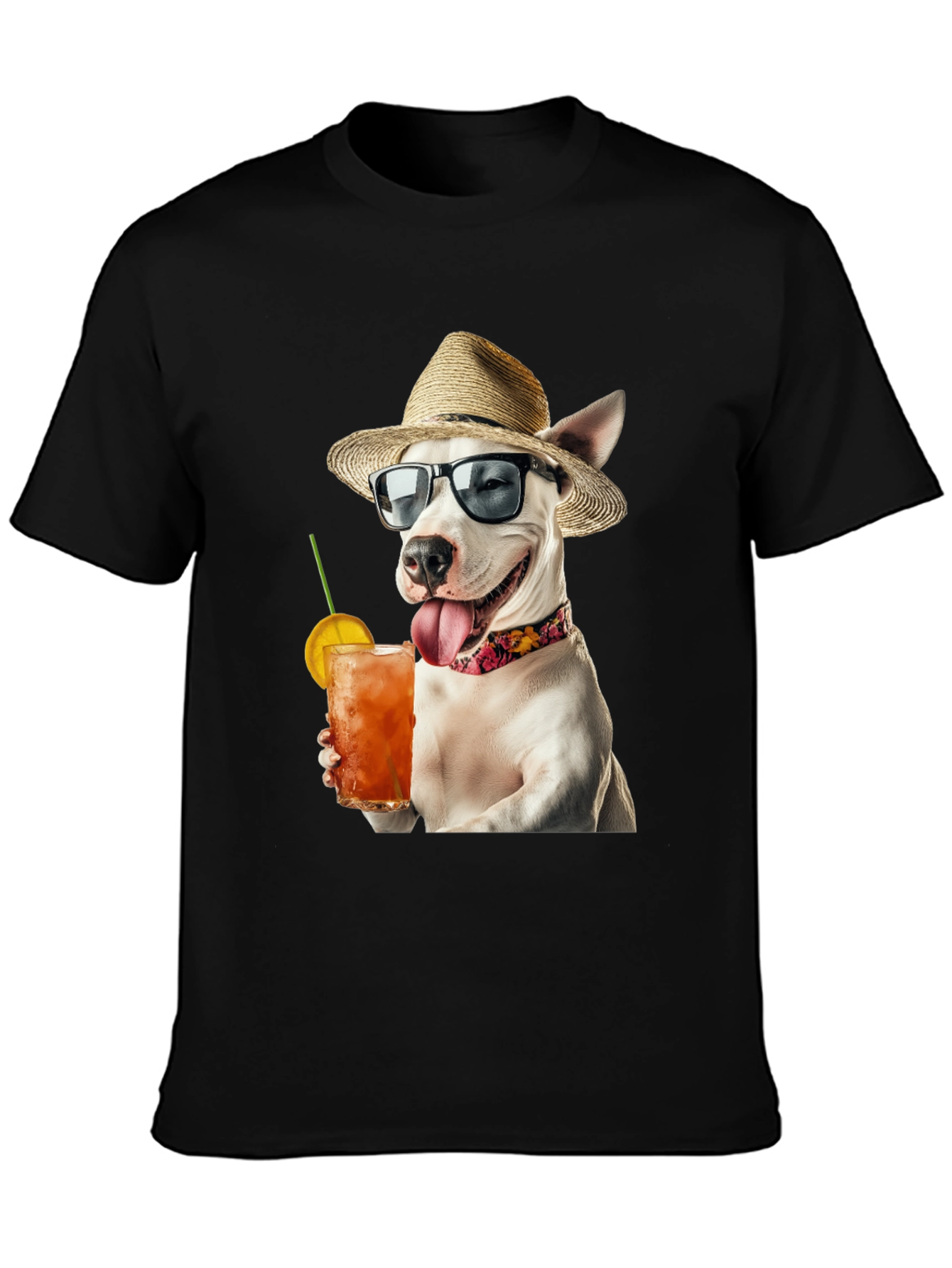 Camiseta Negra con Perro Bebiendo Cóctel