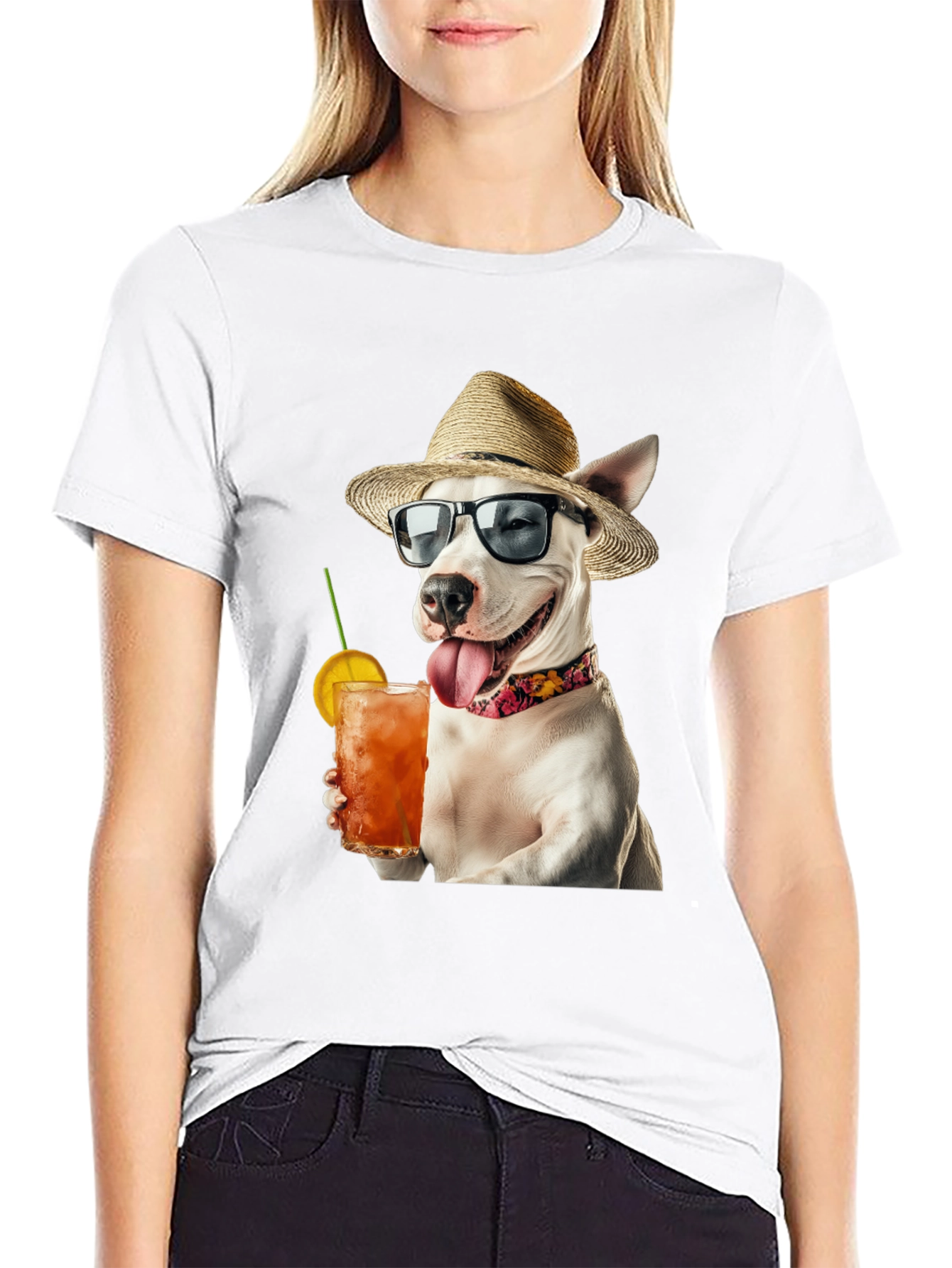 Camiseta Negra con Perro Bebiendo Cóctel