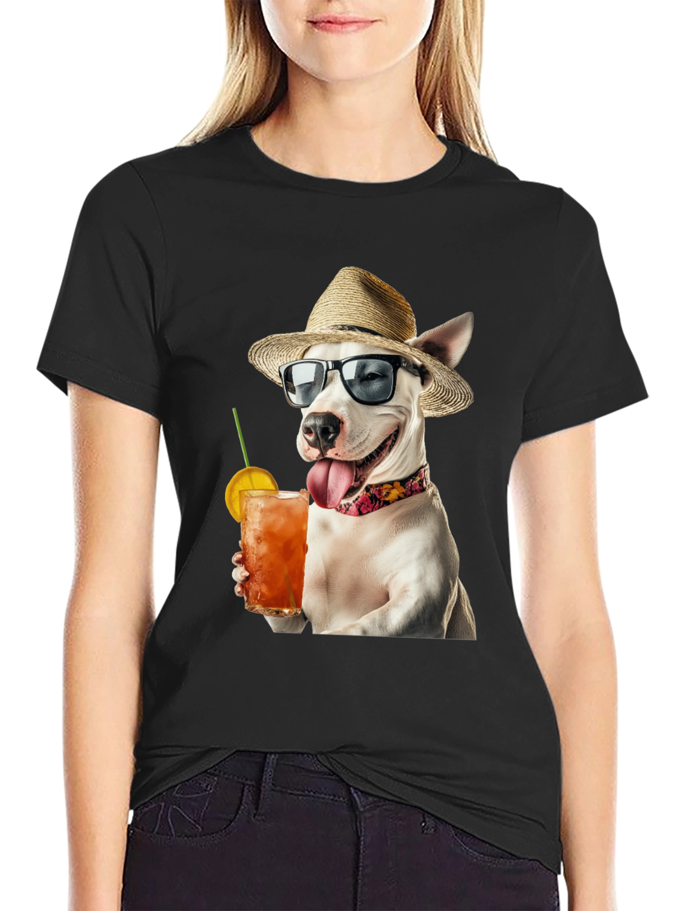 Camiseta Negra con Perro Bebiendo Cóctel