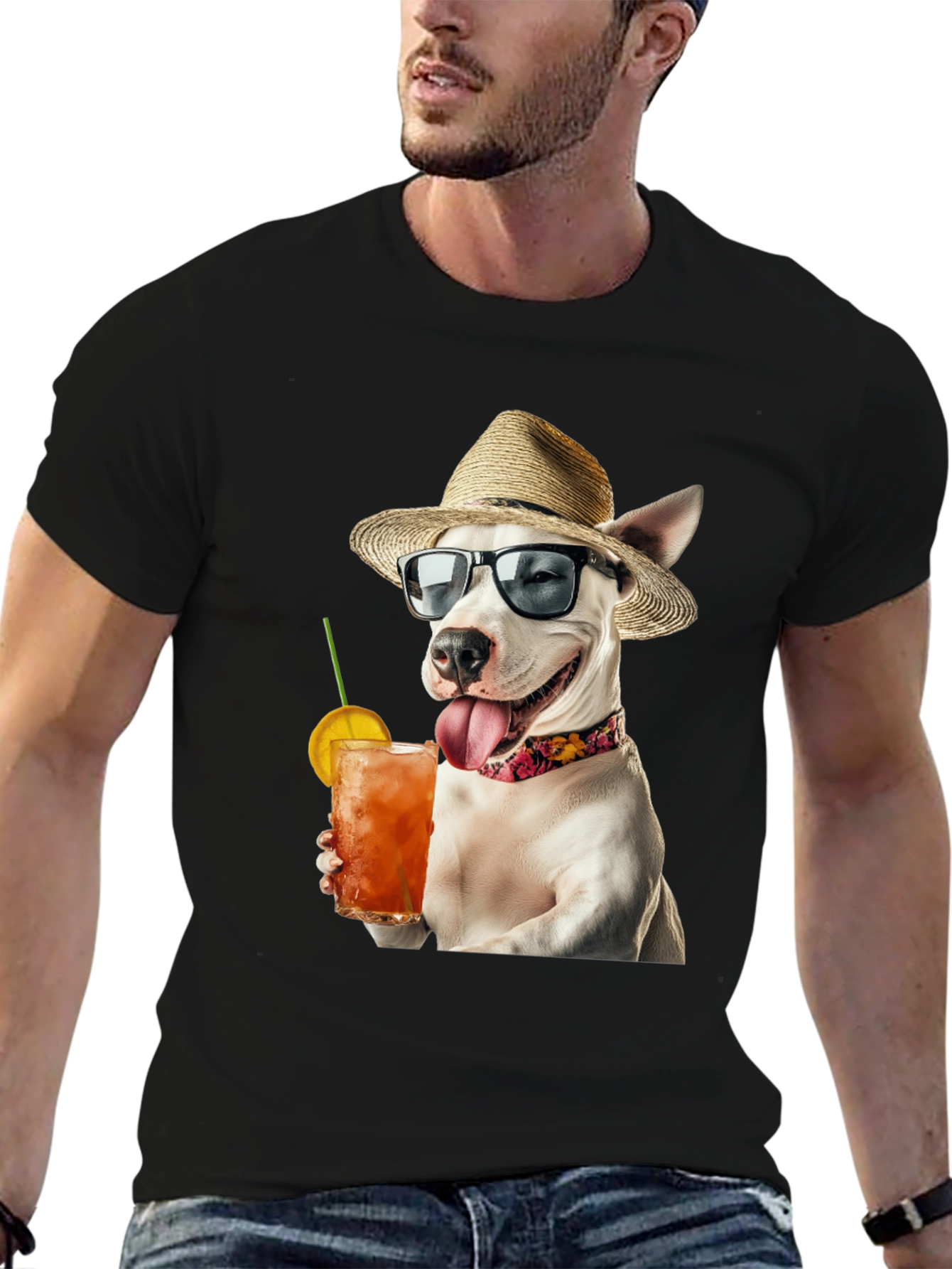 Camiseta Negra con Perro Bebiendo Cóctel