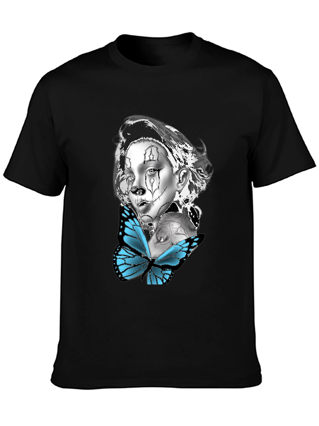 Camiseta Negra con Diseño de Mariposa y Mujer