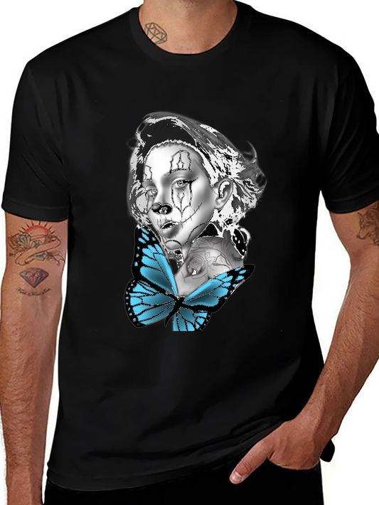 Camiseta Negra con Diseño de Mariposa y Mujer