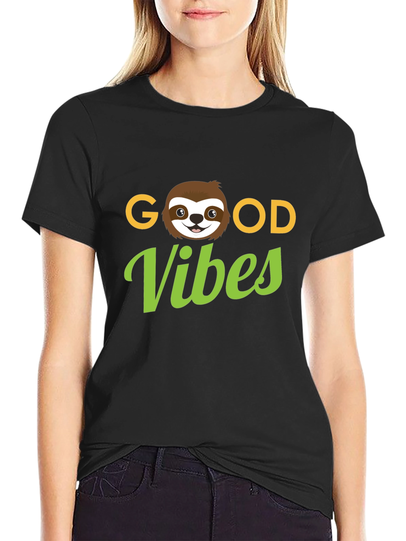 Camiseta Negra Good Vibes con Diseño de Perezoso