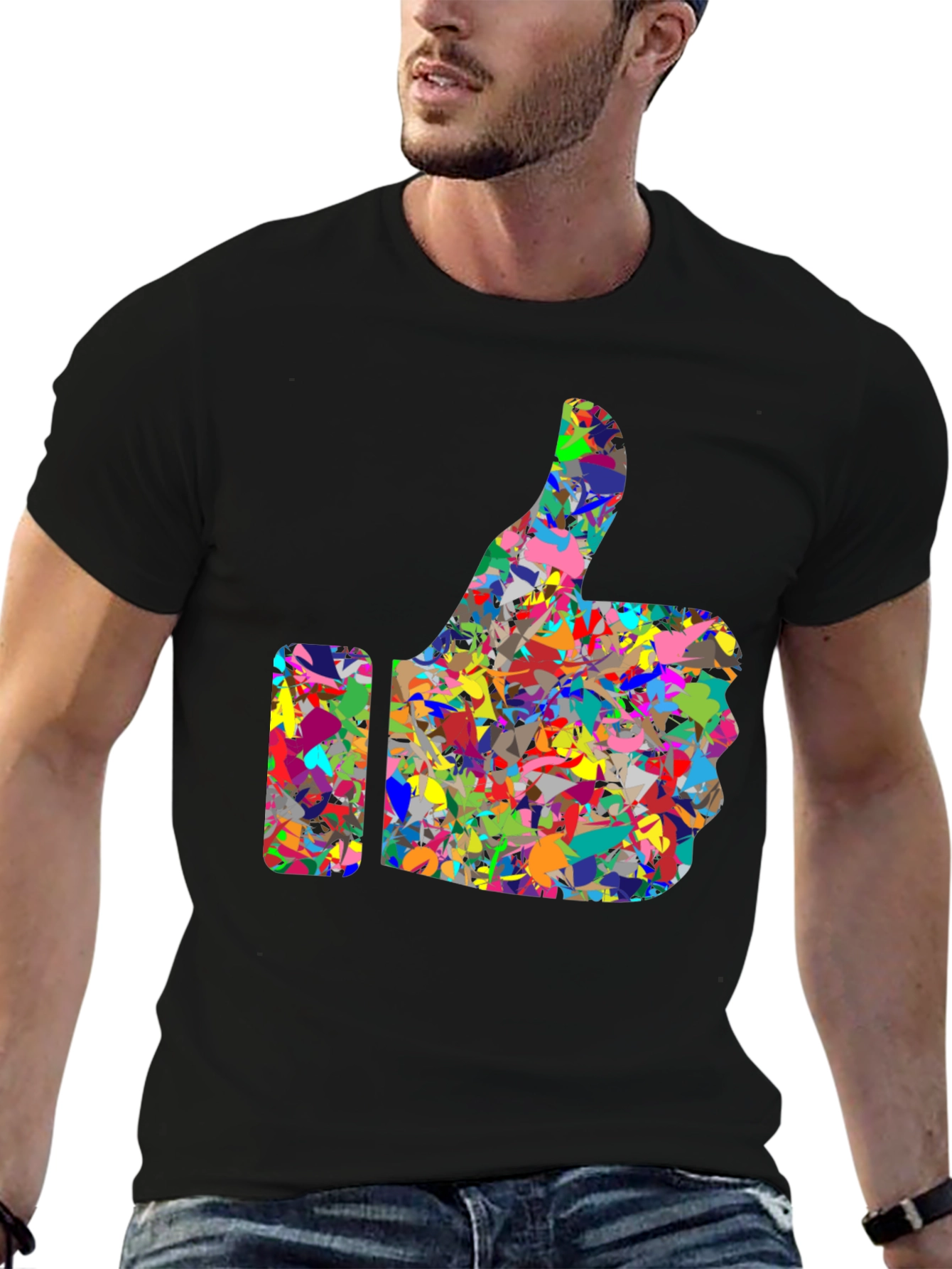 Camiseta Negra con Diseño de Pulgar Arriba Abstracto