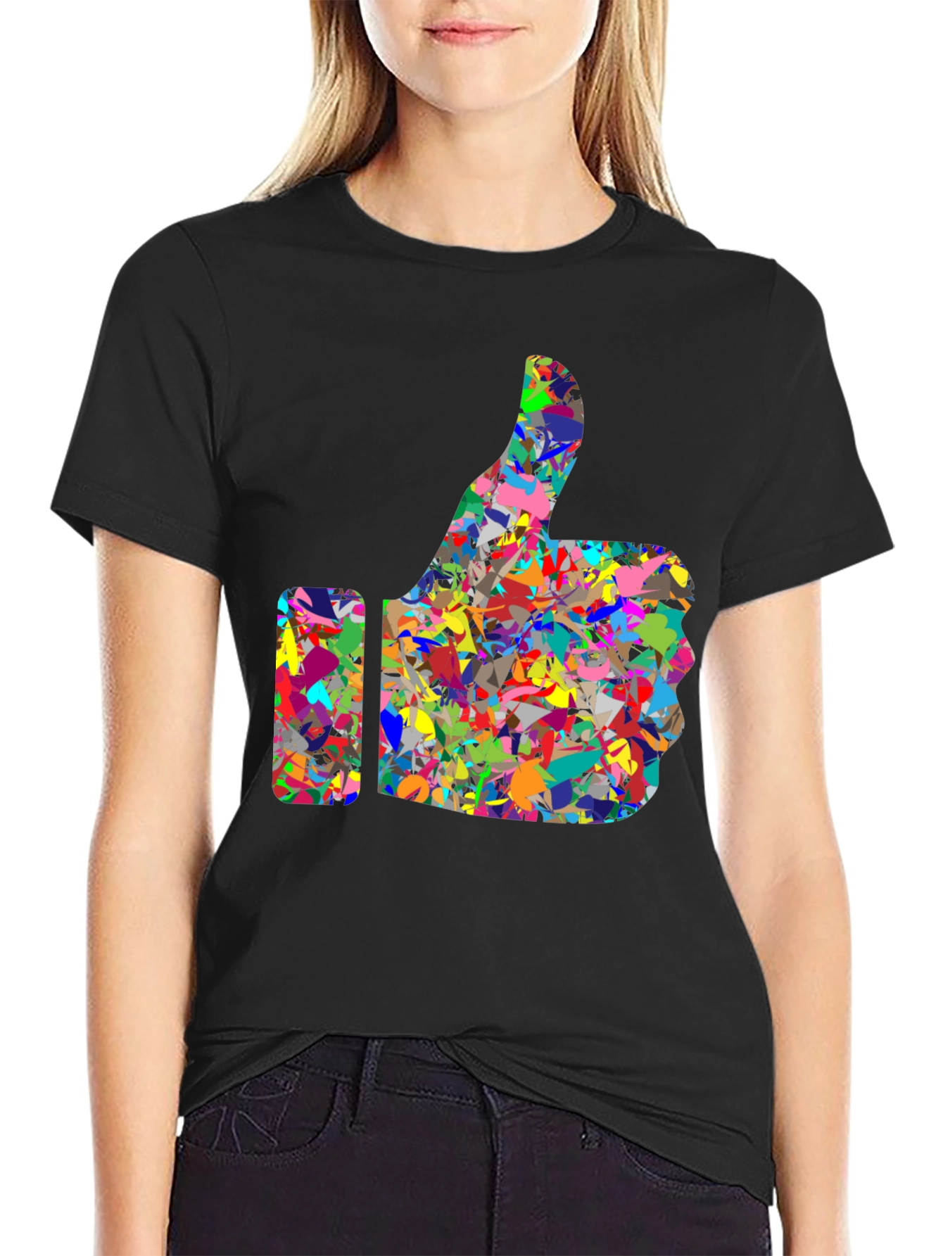 Camiseta Negra con Diseño de Pulgar Arriba Abstracto