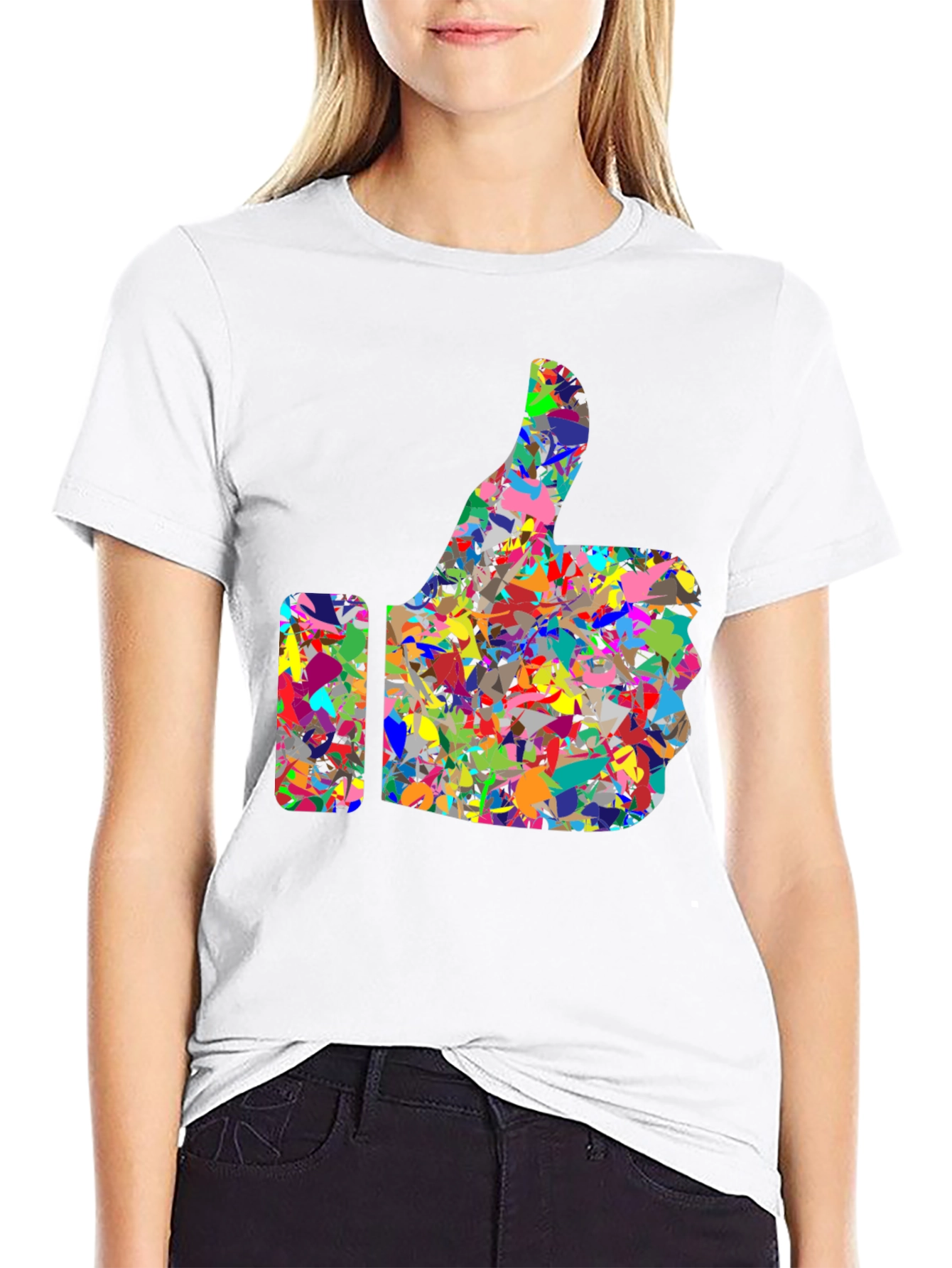 Camiseta Negra con Diseño de Pulgar Arriba Abstracto