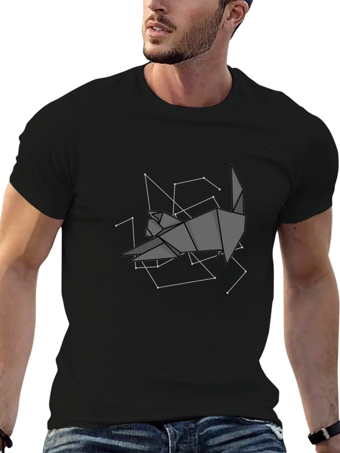 Camiseta Negra Origami Gato Constelación