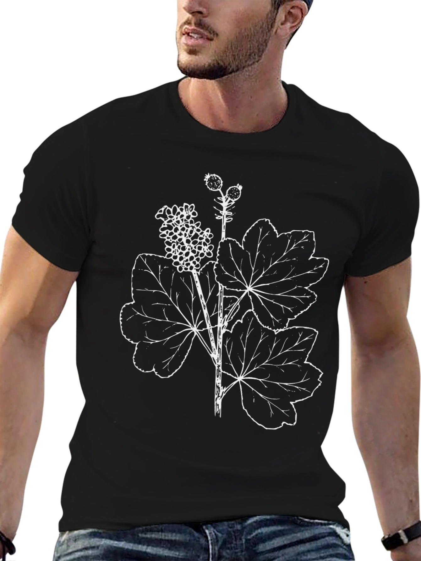 Camiseta Negra con Diseño Floral Botánico Blanco