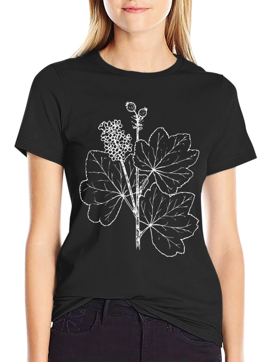 Camiseta Negra con Diseño Floral Botánico Blanco