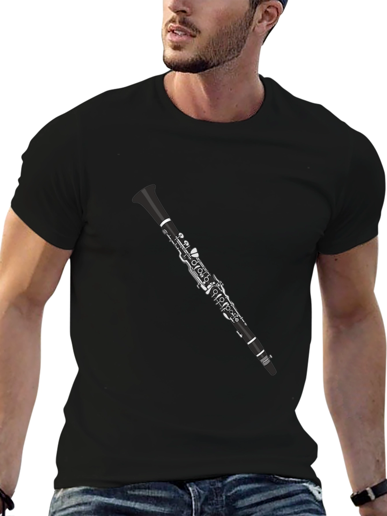 Camiseta Negra con Diseño de Clarinete para Músicos