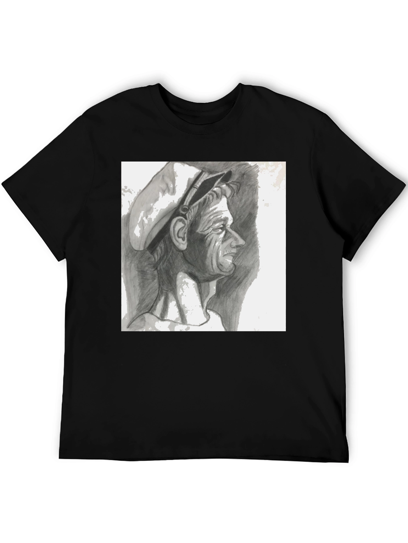 Camiseta Negra con Dibujo a Lápiz de Hombre
