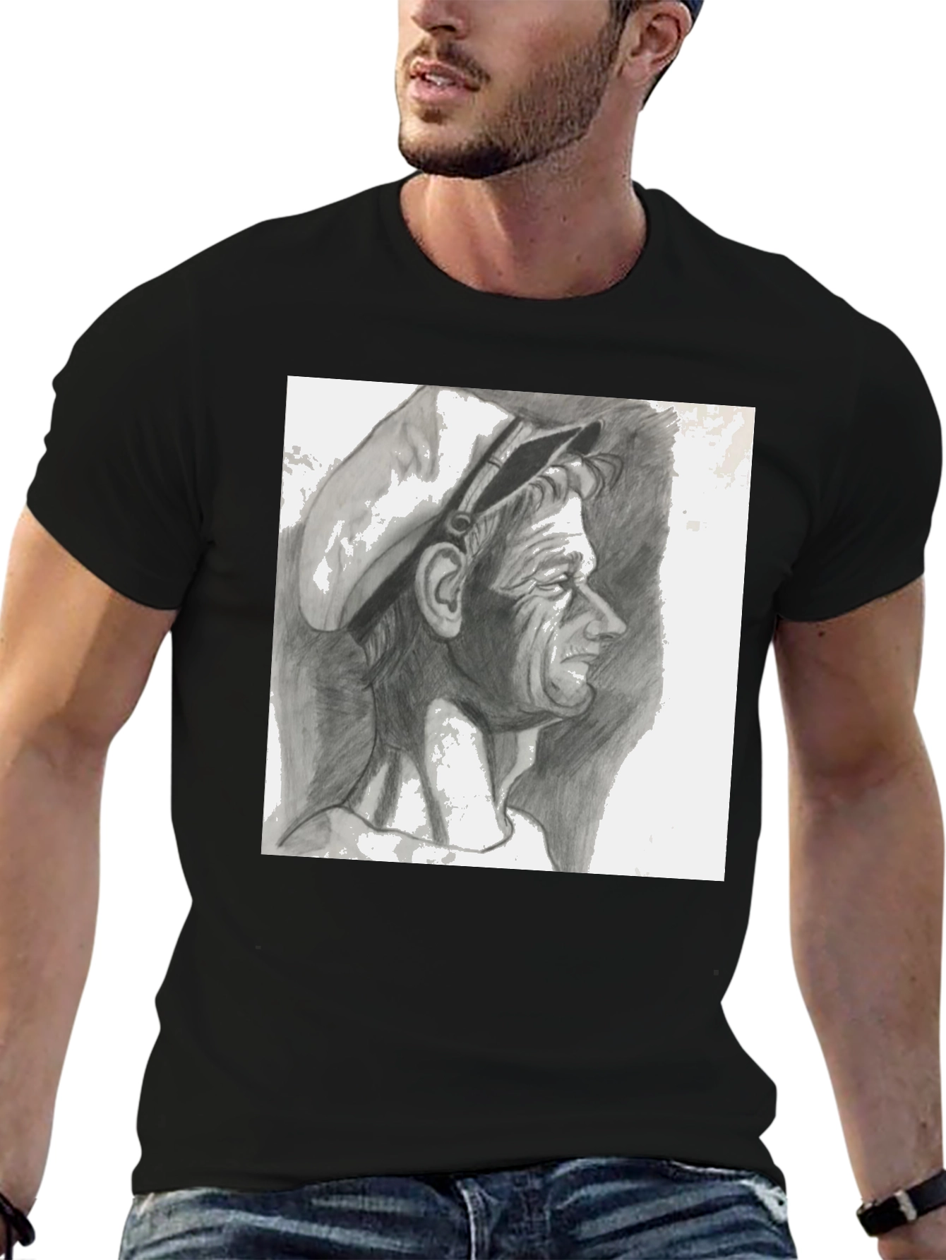 Camiseta Negra con Dibujo a Lápiz de Hombre