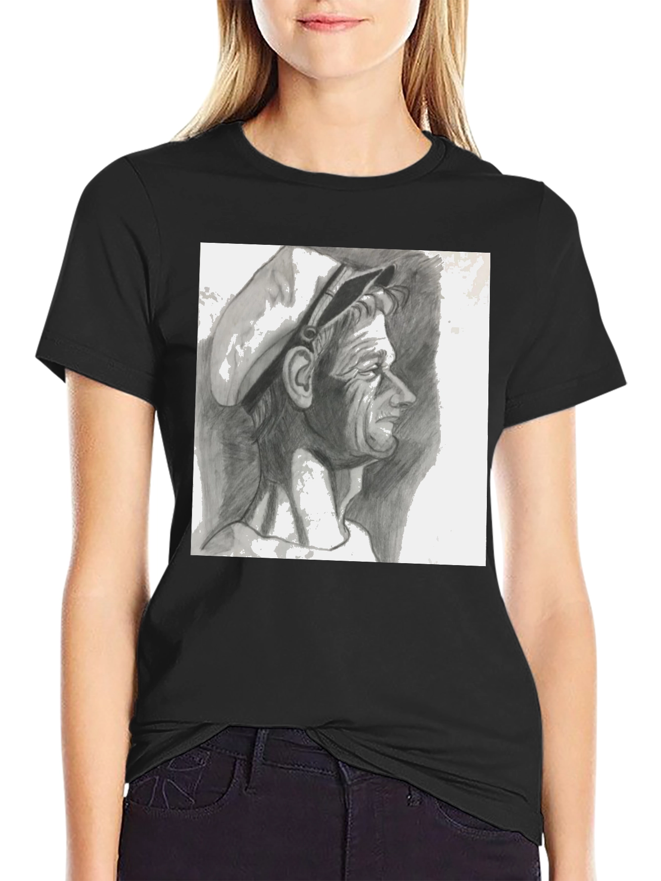 Camiseta Negra con Dibujo a Lápiz de Hombre