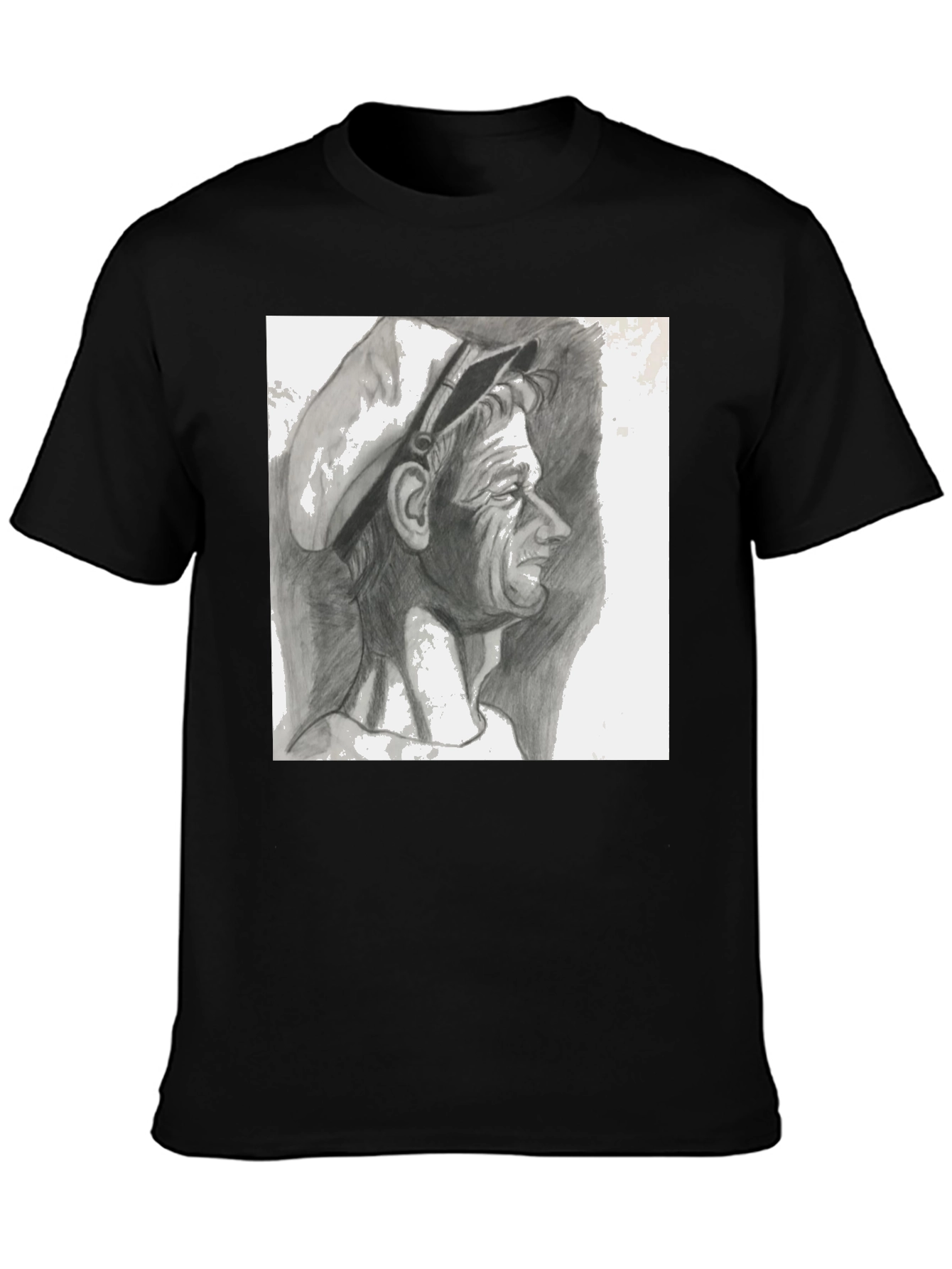 Camiseta Negra con Dibujo a Lápiz de Hombre