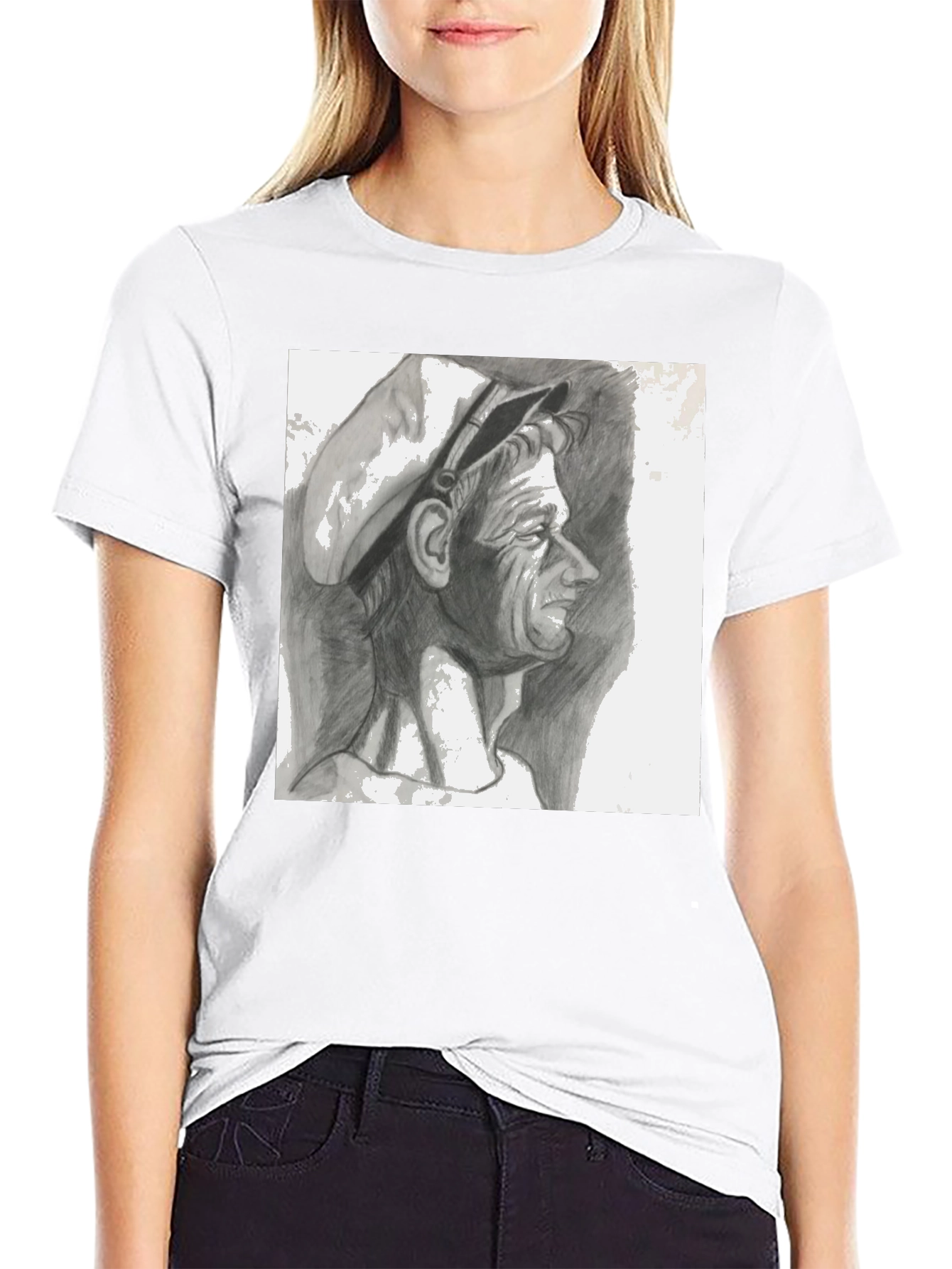 Camiseta Negra con Dibujo a Lápiz de Hombre