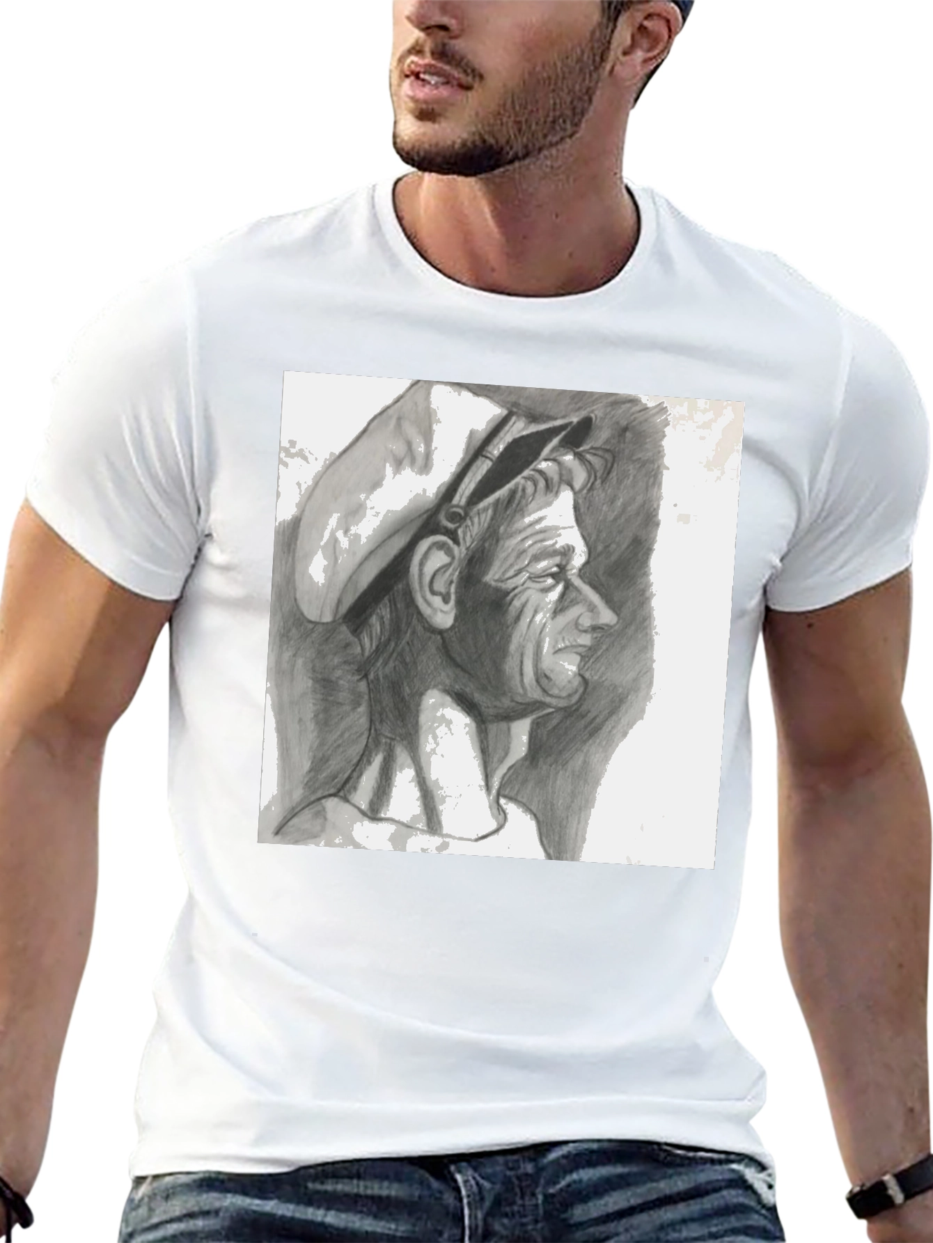 Camiseta Negra con Dibujo a Lápiz de Hombre