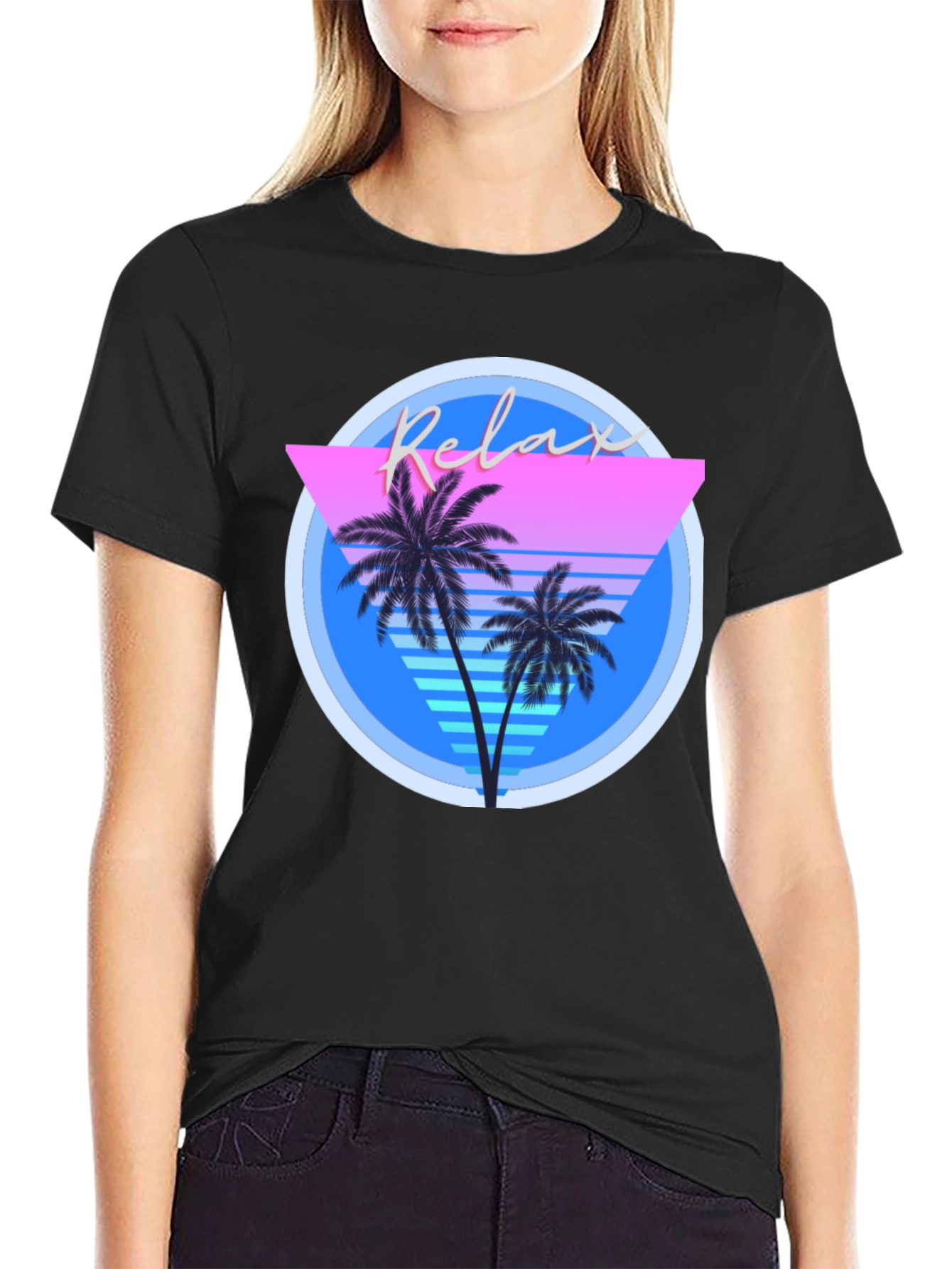 Camiseta Negra Relax con Diseño Retro Palmeras