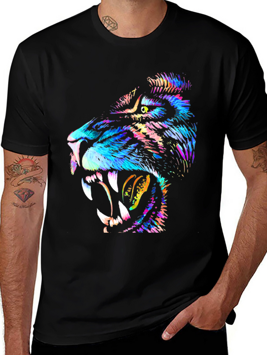 Camiseta Negra con Diseño de León Multicolor