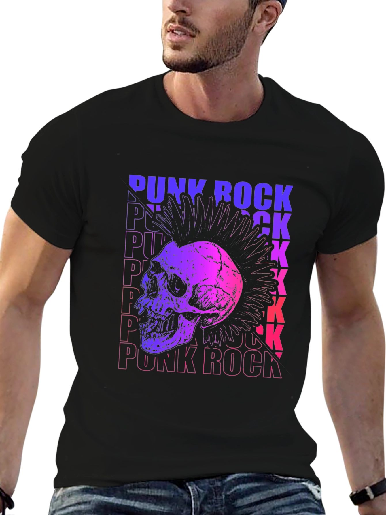 Camiseta Negra Estampada Punk Rock Calavera