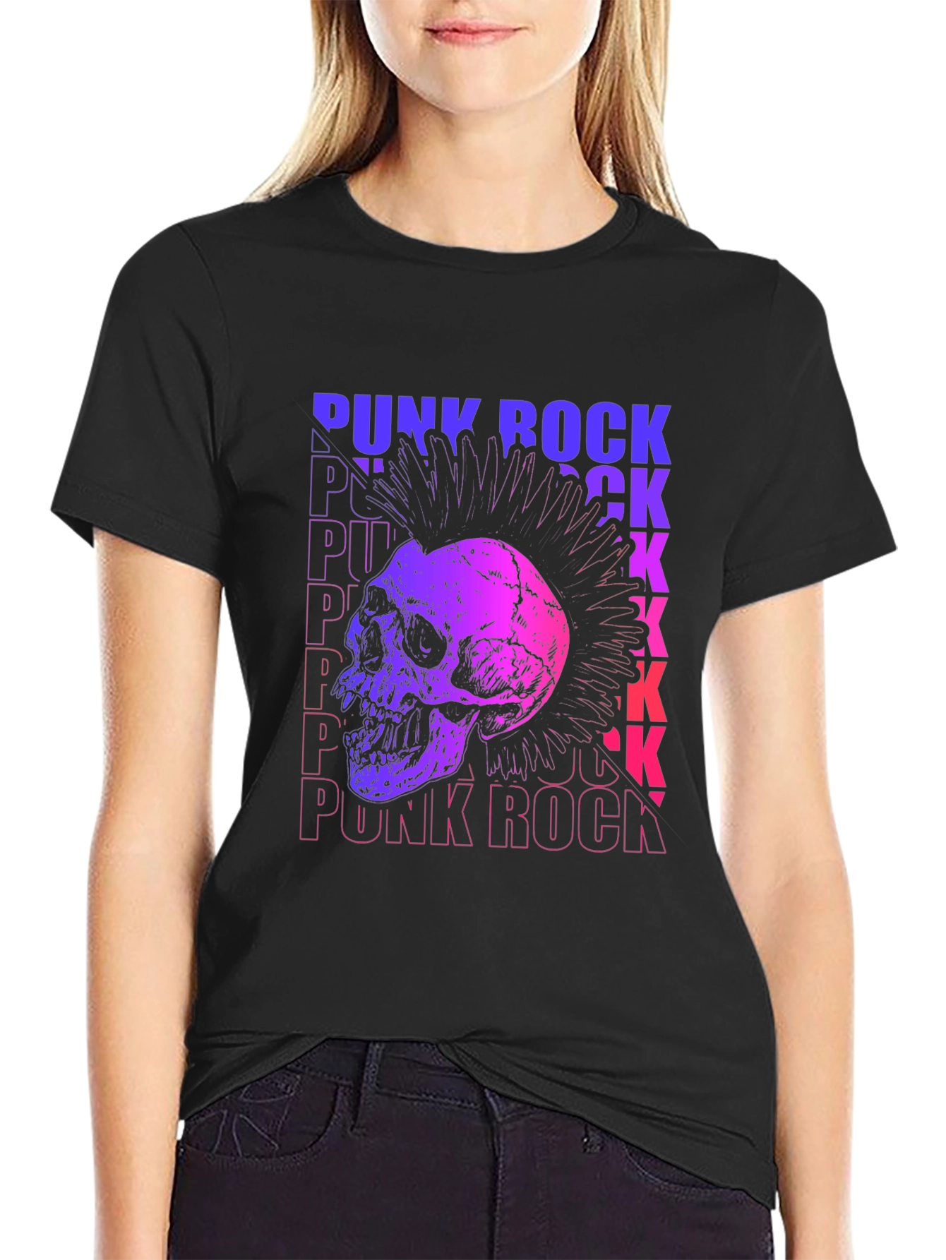 Camiseta Negra Estampada Punk Rock Calavera