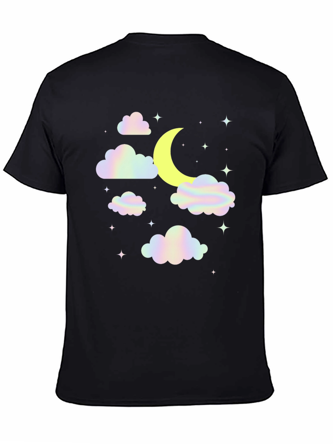 Camiseta Negra Diseño Luna y Nubes Holográficas