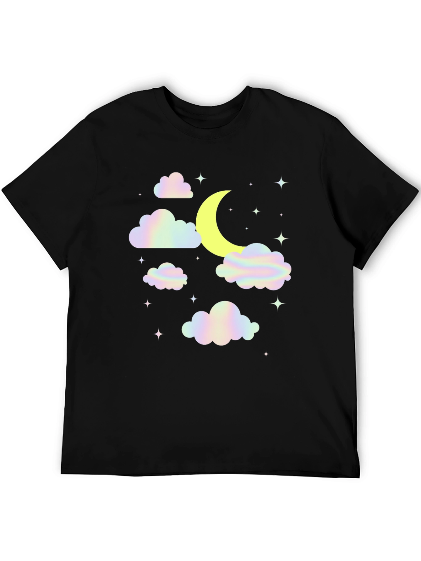 Camiseta Negra Diseño Luna y Nubes Holográficas