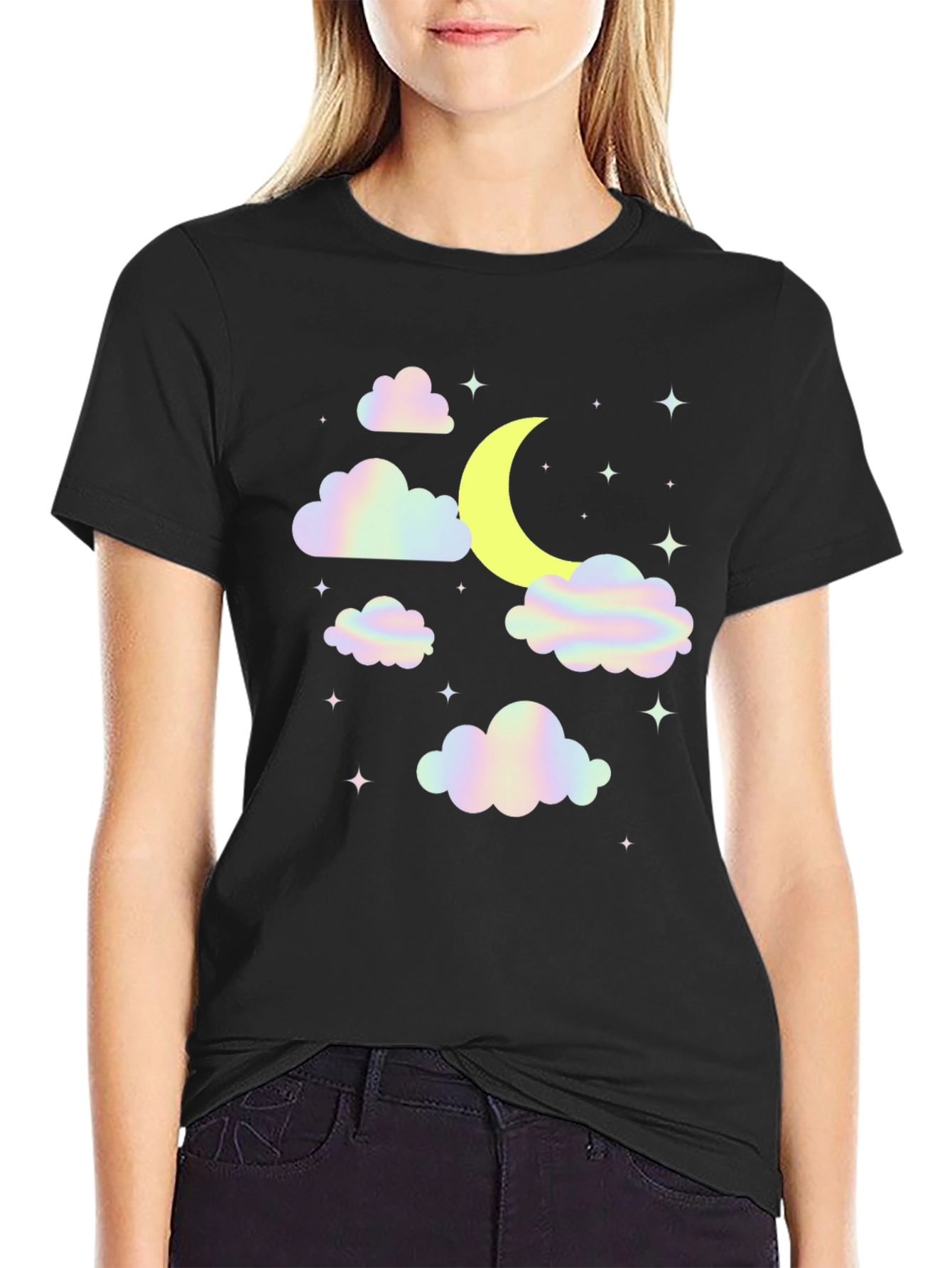 Camiseta Negra Diseño Luna y Nubes Holográficas