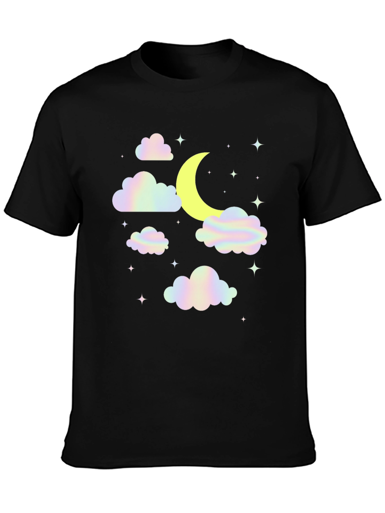 Camiseta Negra Diseño Luna y Nubes Holográficas