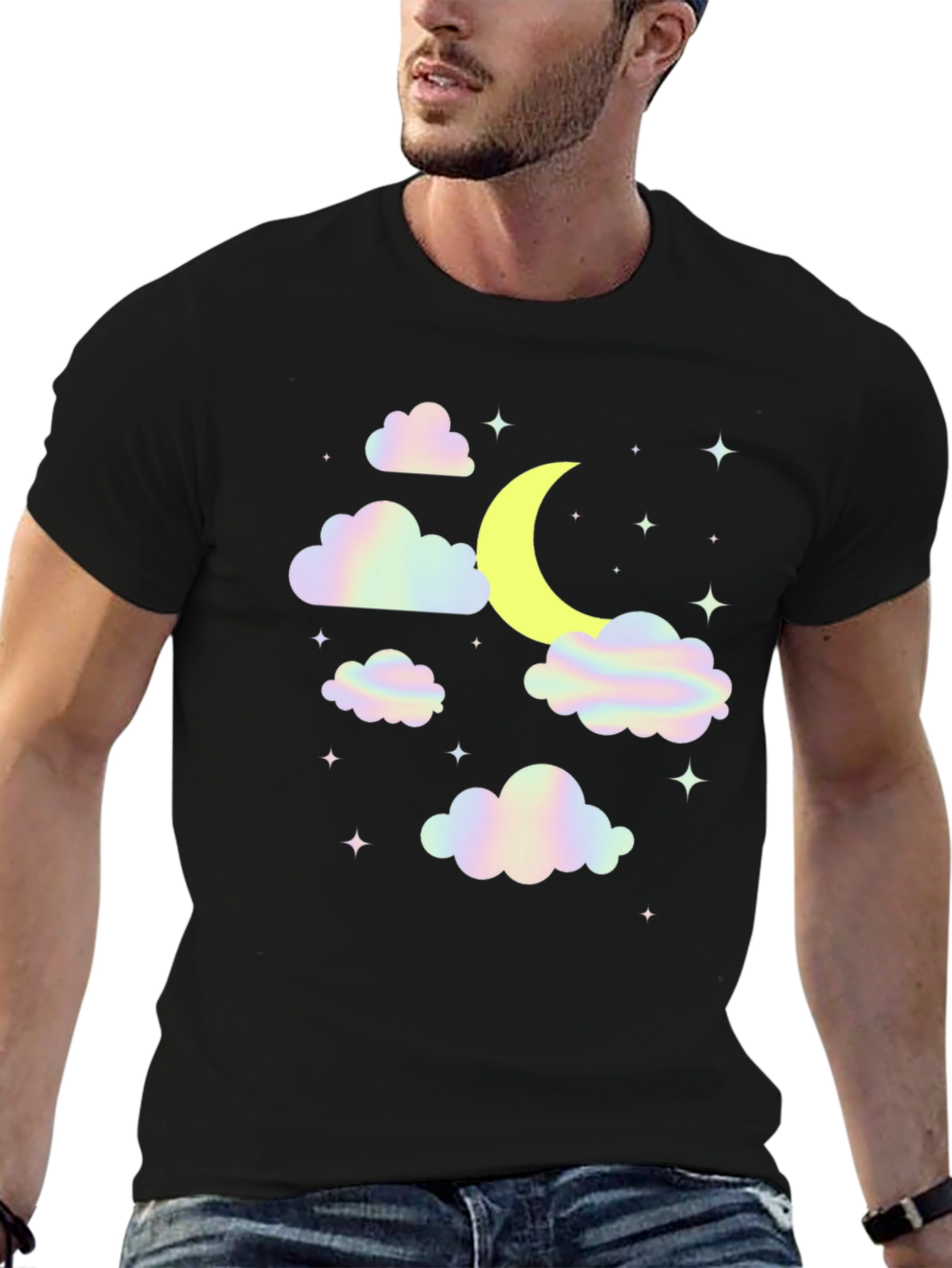 Camiseta Negra Diseño Luna y Nubes Holográficas