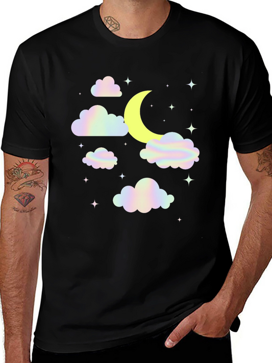 Camiseta Negra Diseño Luna y Nubes Holográficas