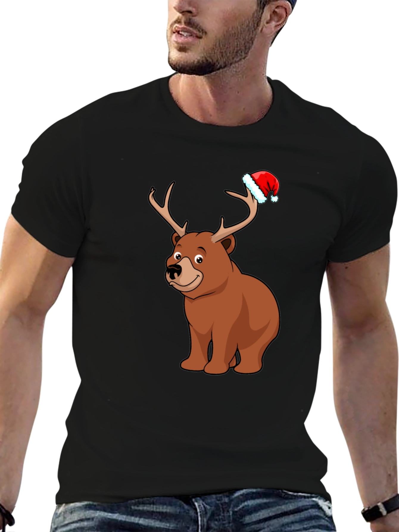 Camiseta Negra con Oso Navideño