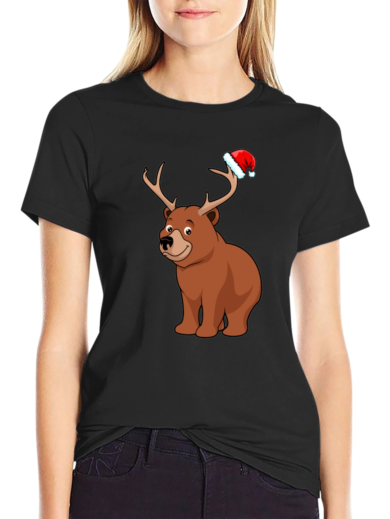 Camiseta Negra con Oso Navideño