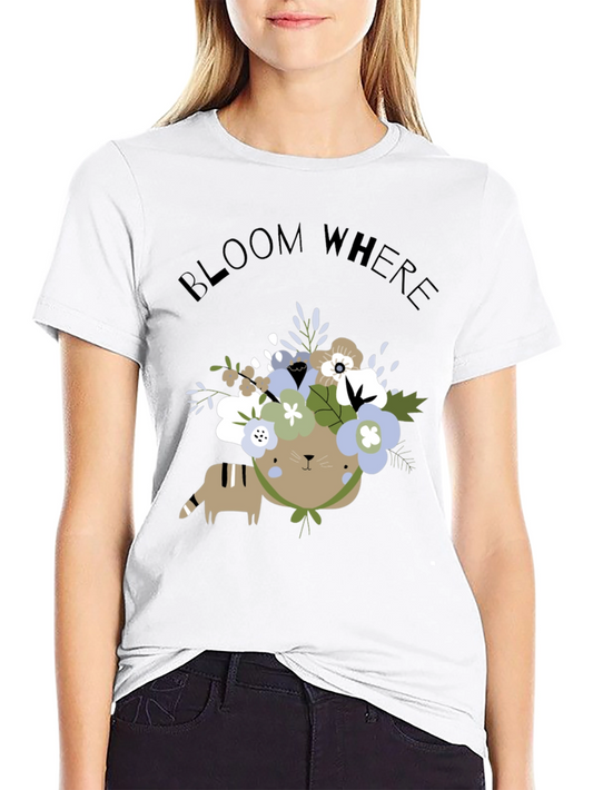 Camiseta Negra: Gato con Flores - Florece Donde Estés