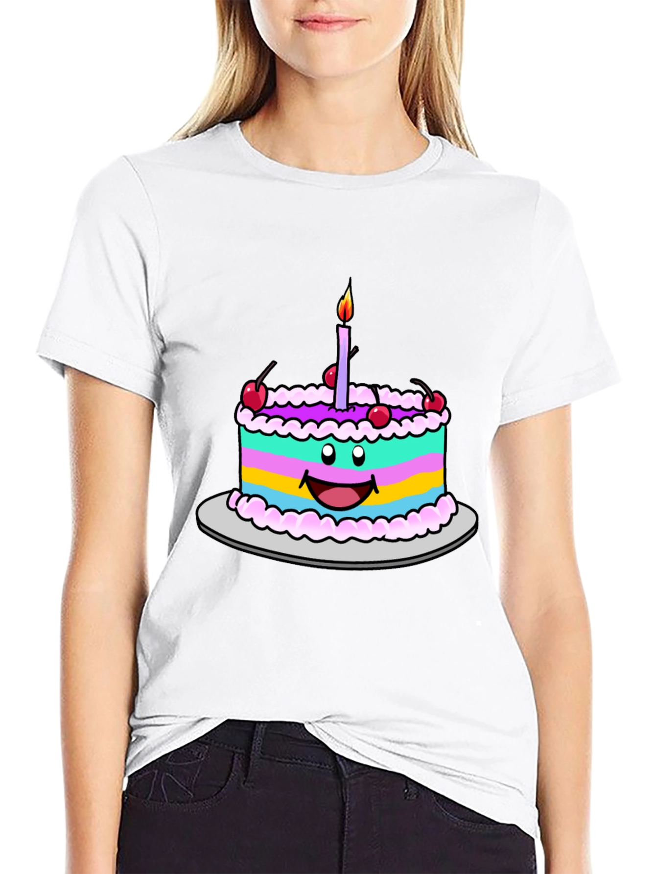 Camiseta Negra con Dibujo de Pastel de Cumpleaños