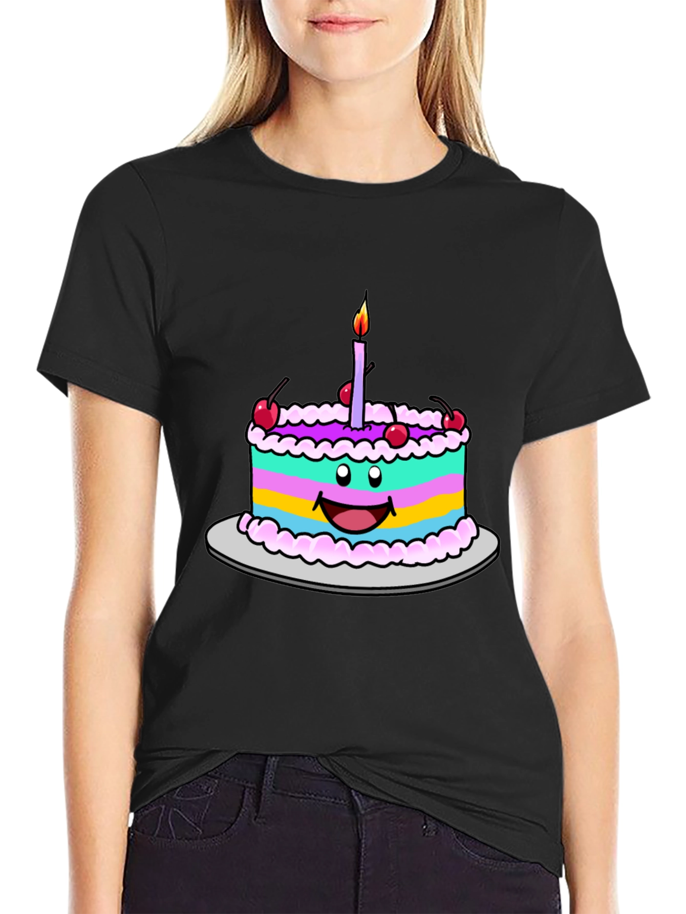 Camiseta Negra con Dibujo de Pastel de Cumpleaños