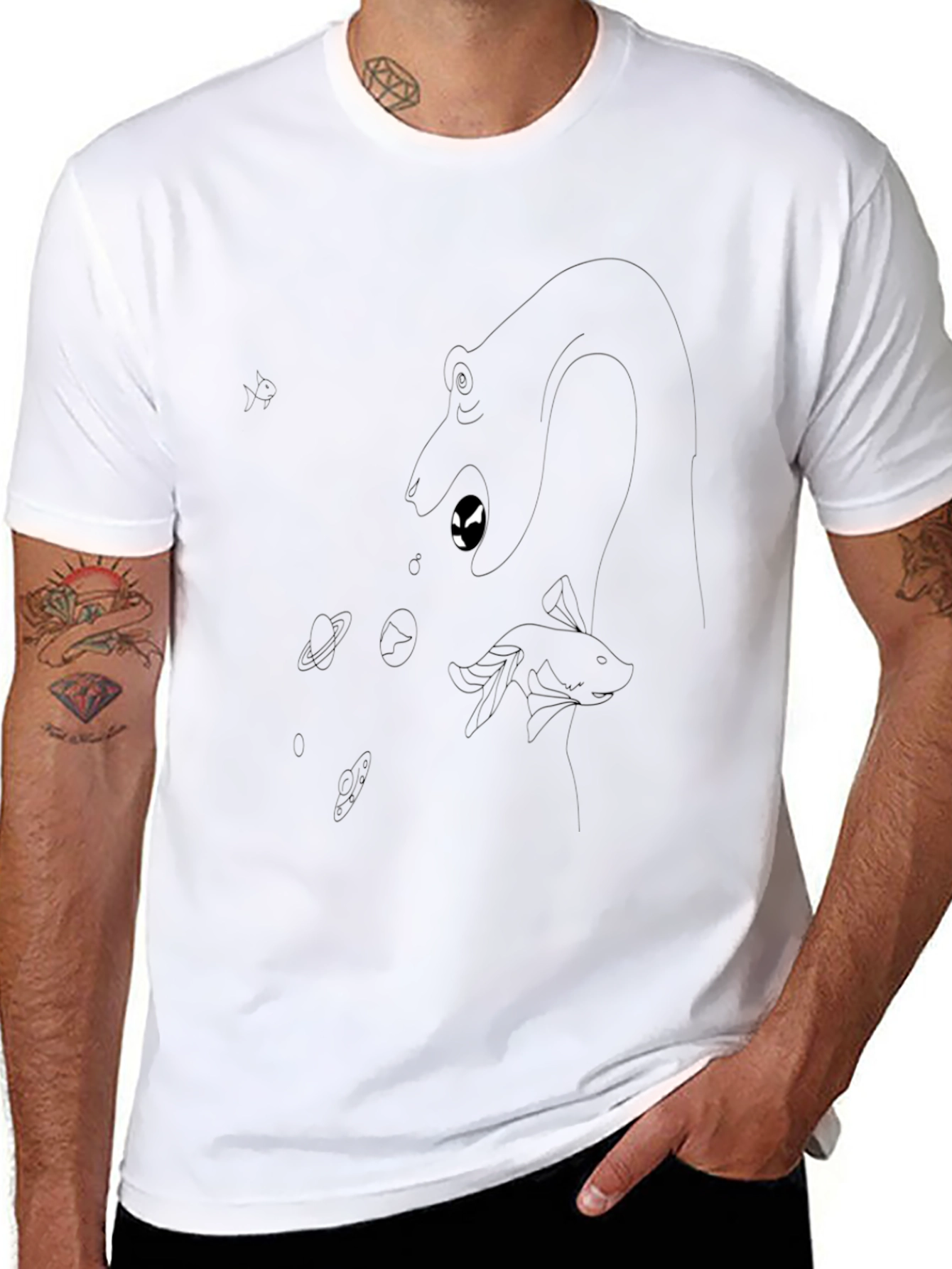 Camiseta Negra Estampada de Monstruo Marino