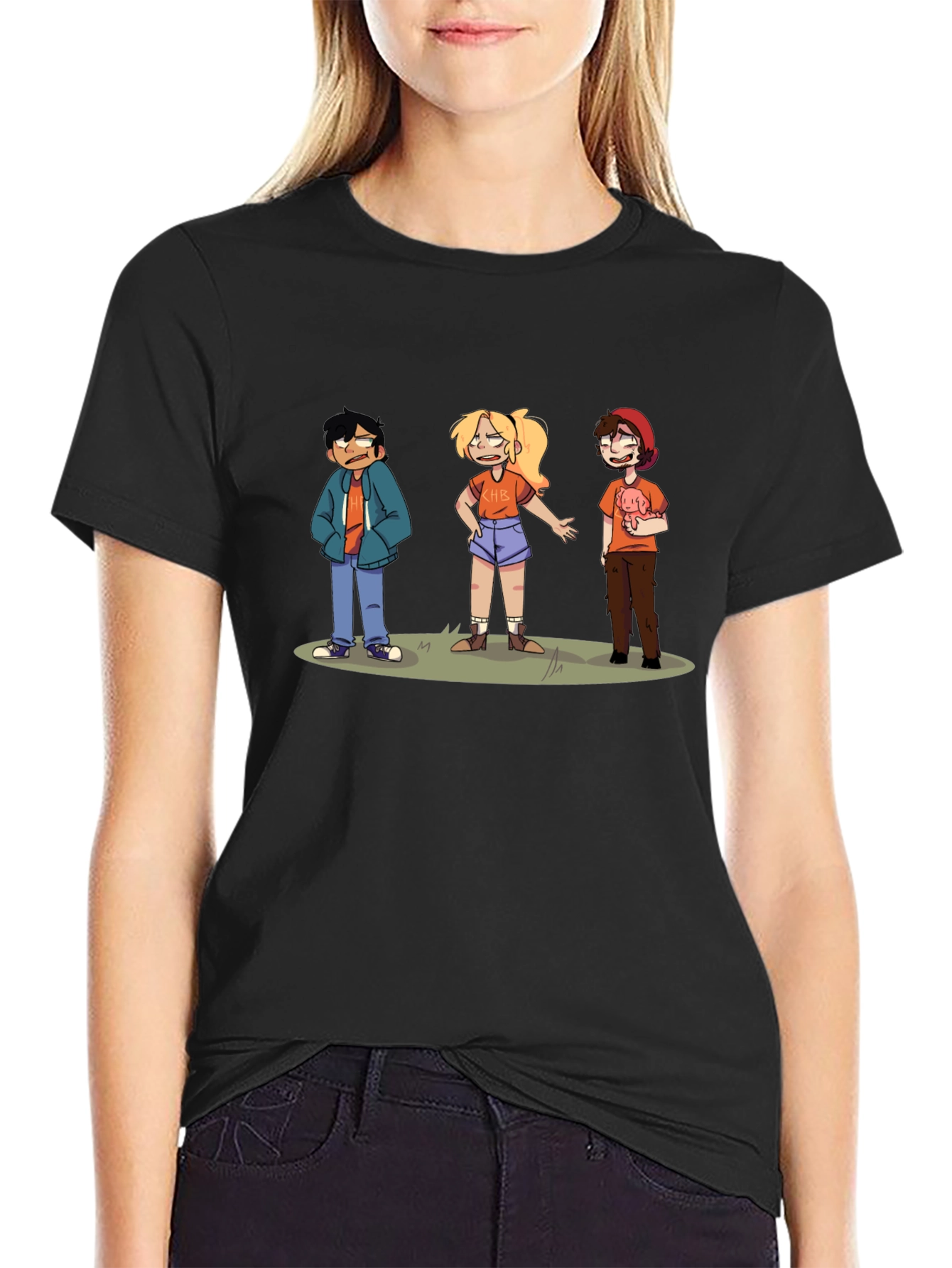 Camiseta Negra con Diseño de Personajes Animados
