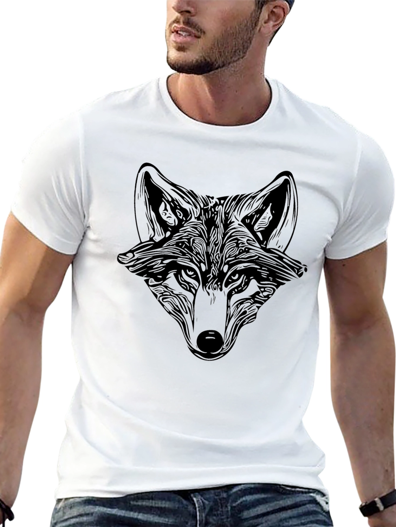 Camiseta Negra Hombre Diseño Cabeza Zorro