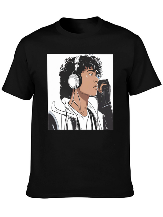 Camiseta Negra con Diseño de Joven Escuchando Música