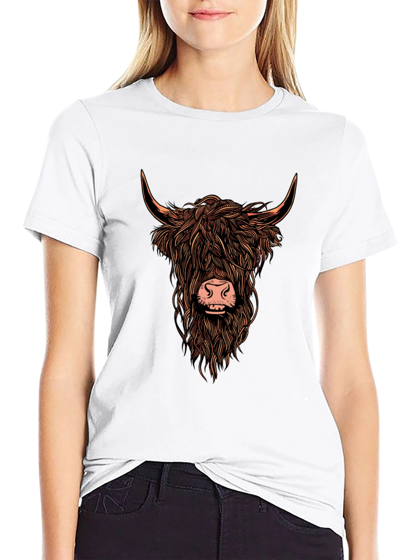 Camiseta Negra con Estampado de Vaca Highland