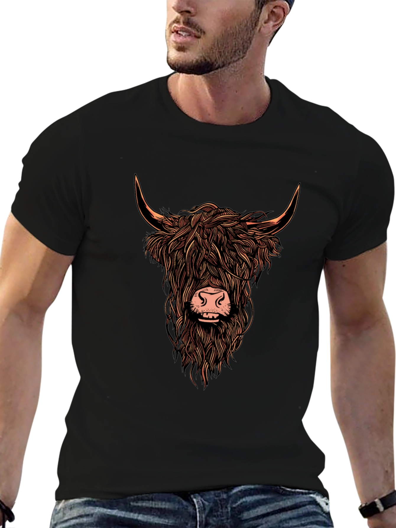Camiseta Negra con Estampado de Vaca Highland