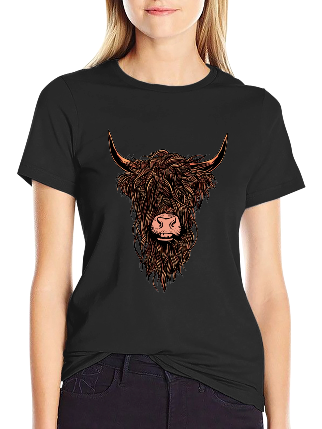 Camiseta Negra con Estampado de Vaca Highland